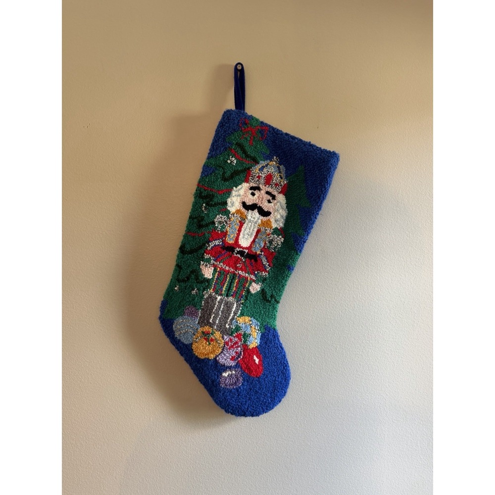 Nutcracker Christmas Stocking Needlepoint Hooked Velvet Back Holiday